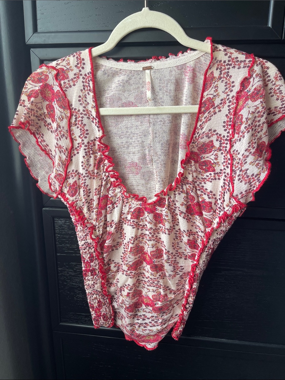 Free People Cream and Red Floral Ruffle Bodysuit